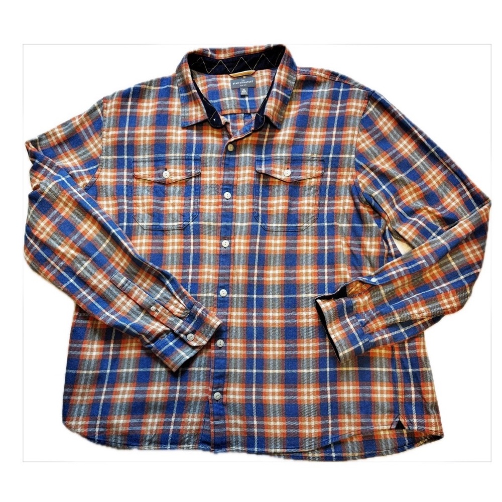 L.L. Bean Signature Plaid Shirt in Blue and Orange with Cord Cuffs